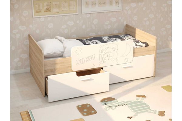 Кровать Умка К-001 с белыми ящиками и ограничителем