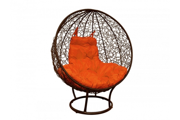 Кресло Кокон Круглый на подставке ротанг каркас коричневый-подушка оранжевая