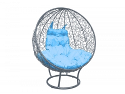 Кресло Кокон Круглый на подставке ротанг каркас серый-подушка голубая