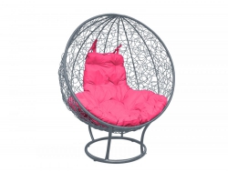 Кресло Кокон Круглый на подставке ротанг каркас серый-подушка розовая