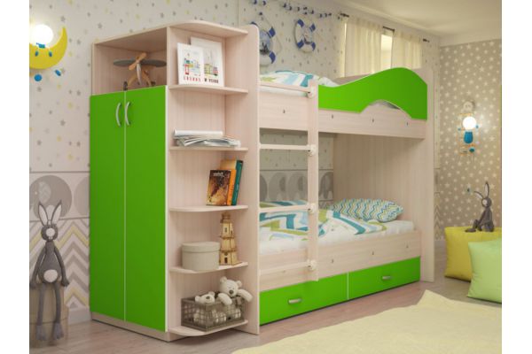 Кровать 2-х ярусная Мая с ящиками и шкафом зеленая