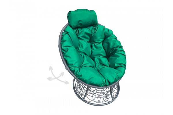 Кресло Папасан пружинка мини с ротангом каркас серый-подушка зелёная