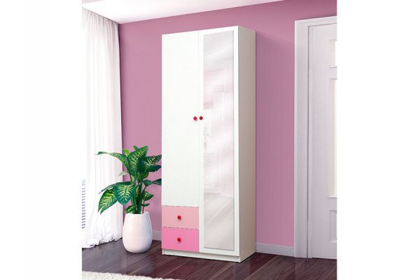 Шкаф 2-х дверный с ящиками и зеркалом Радуга розовый