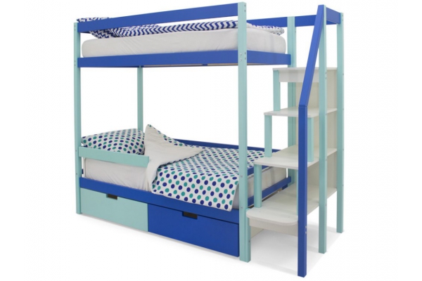 Двухъярусная кровать Svogen ящики, бортик мятно-синий