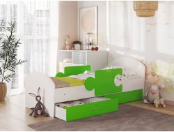 Кровать Мозаика с бортиками и ящиком белый-лайм