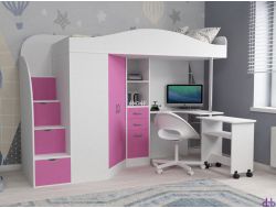 Кровать-чердак Юниор-4 белый-розовый