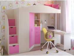 Кровать-чердак Юниор-4 Дуб молочный-Розовый